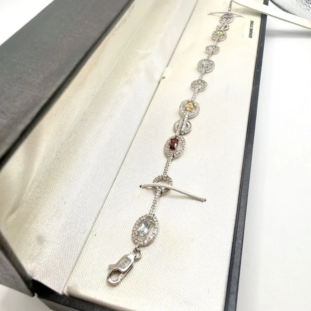 925 Sterling Silver Genuine Multi Gemstone Tennis Bracelet Blue Topaz Garnet NOS